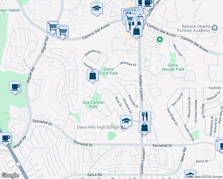 map of restaurants, bars, coffee shops, grocery stores, and more near 33058 Elisa Drive in Dana Point