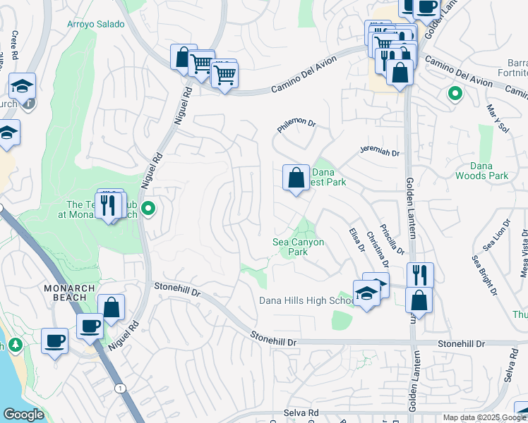map of restaurants, bars, coffee shops, grocery stores, and more near 33041 Buccaneer Street in Dana Point