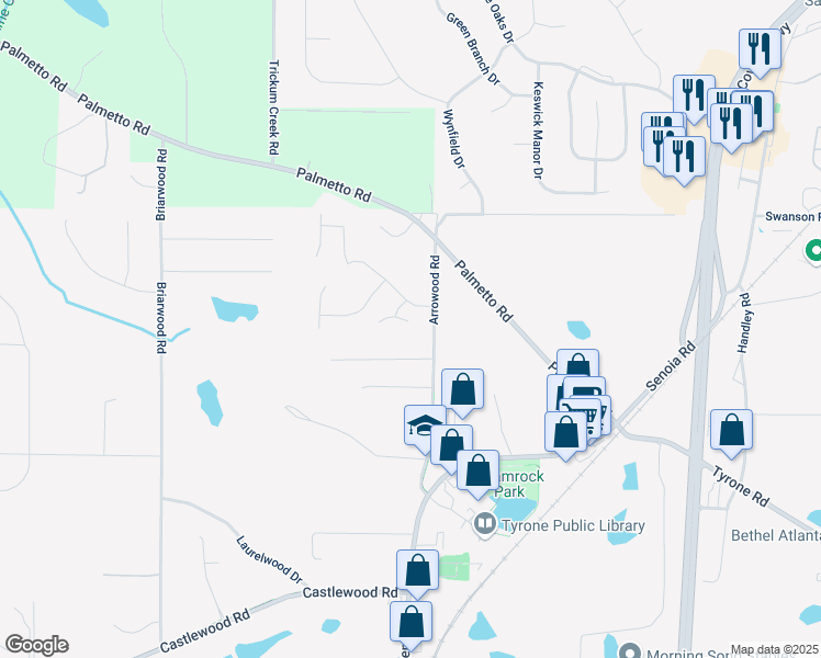 map of restaurants, bars, coffee shops, grocery stores, and more near 110 Valley View Drive in Tyrone