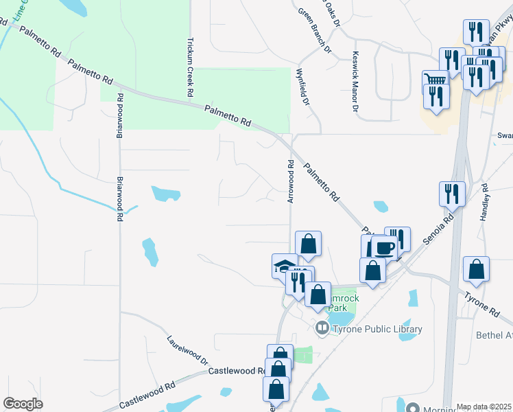 map of restaurants, bars, coffee shops, grocery stores, and more near 125 Valley View Court in Tyrone