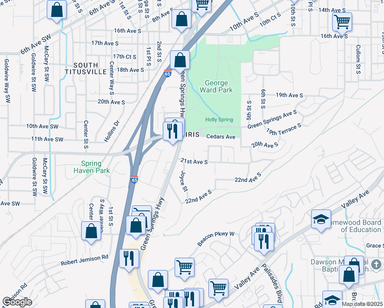 map of restaurants, bars, coffee shops, grocery stores, and more near 250 21st Avenue South in Birmingham