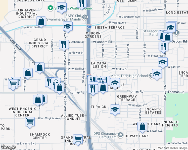 map of restaurants, bars, coffee shops, grocery stores, and more near 3007 North Black Canyon Highway in Phoenix