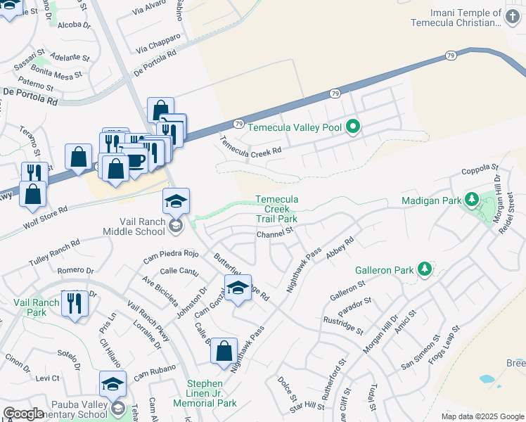 map of restaurants, bars, coffee shops, grocery stores, and more near 33592 Winston Way in Temecula