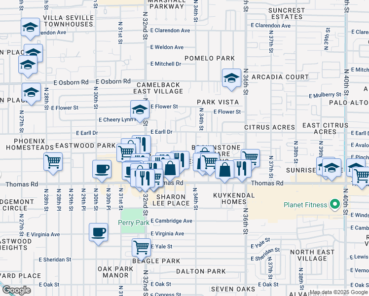map of restaurants, bars, coffee shops, grocery stores, and more near 3026 North 33rd Place in Phoenix