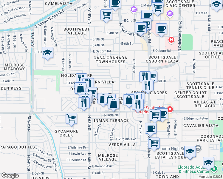 map of restaurants, bars, coffee shops, grocery stores, and more near 6925 East Avalon Drive in Scottsdale