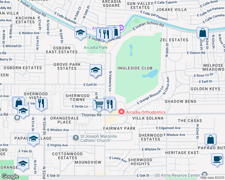 map of restaurants, bars, coffee shops, grocery stores, and more near 3033 North Valencia Lane in Phoenix