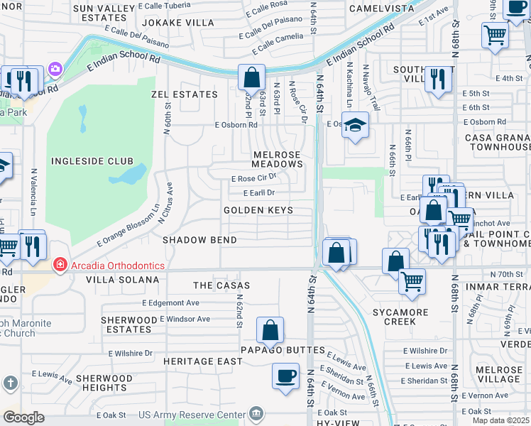 map of restaurants, bars, coffee shops, grocery stores, and more near 6251 East Avalon Drive in Scottsdale