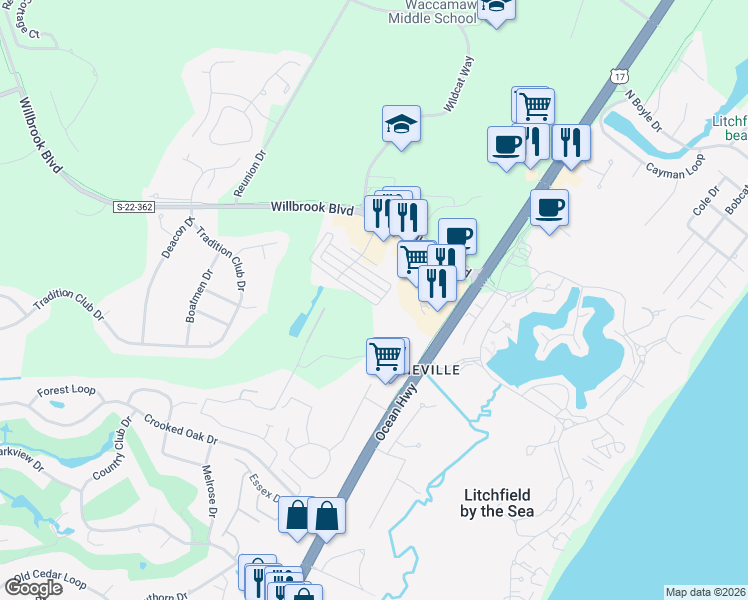 map of restaurants, bars, coffee shops, grocery stores, and more near 149 Lumbee Circle in Pawleys Island