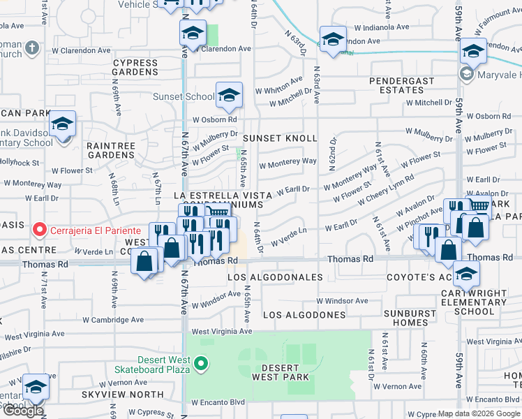 map of restaurants, bars, coffee shops, grocery stores, and more near 3031 North 64th Drive in Phoenix