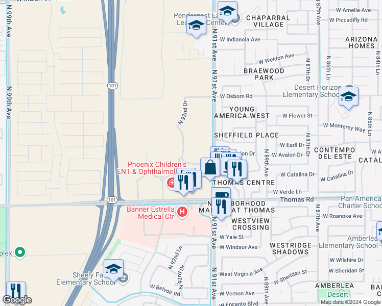 map of restaurants, bars, coffee shops, grocery stores, and more near 3100 North 91st Avenue in Phoenix