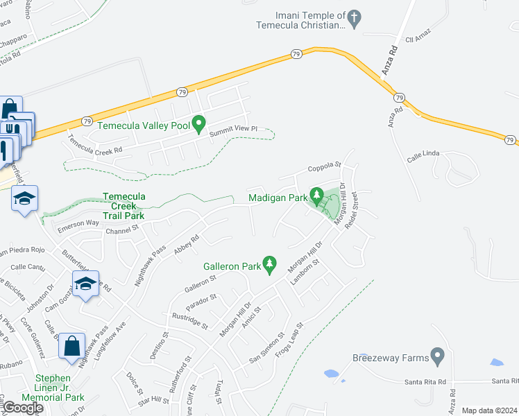 map of restaurants, bars, coffee shops, grocery stores, and more near 44249 Nighthawk Pass in Temecula