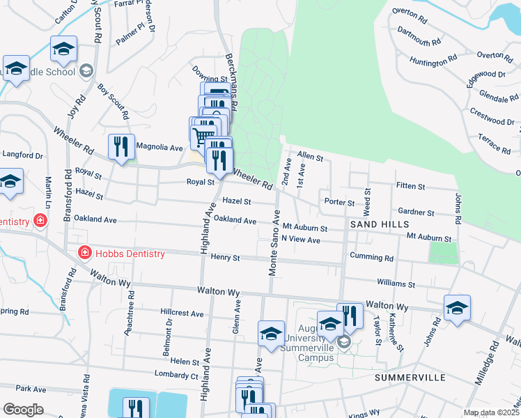 map of restaurants, bars, coffee shops, grocery stores, and more near 2604 Hazel Street in Augusta