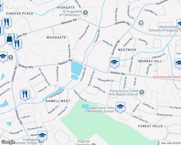 map of restaurants, bars, coffee shops, grocery stores, and more near 803 Aumond Place West in Augusta