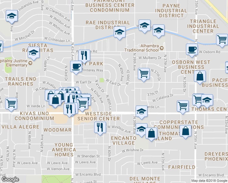 map of restaurants, bars, coffee shops, grocery stores, and more near 3017 North 40th Drive in Phoenix