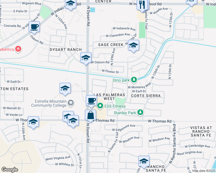 map of restaurants, bars, coffee shops, grocery stores, and more near 3205 North 130th Avenue in Avondale