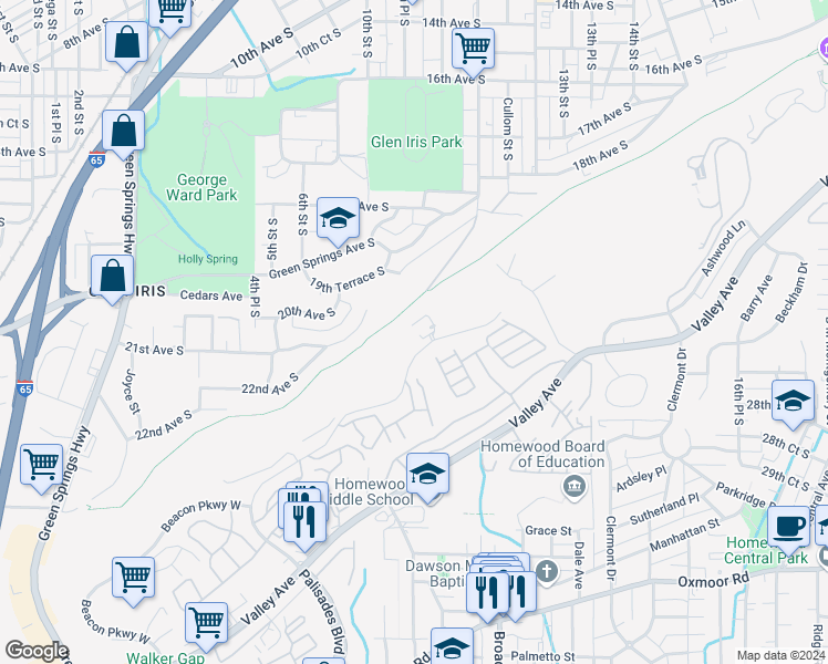 map of restaurants, bars, coffee shops, grocery stores, and more near 1300 Beacon Parkway East in Birmingham