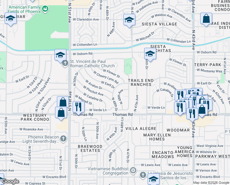 map of restaurants, bars, coffee shops, grocery stores, and more near 3013 North 48th Drive in Phoenix