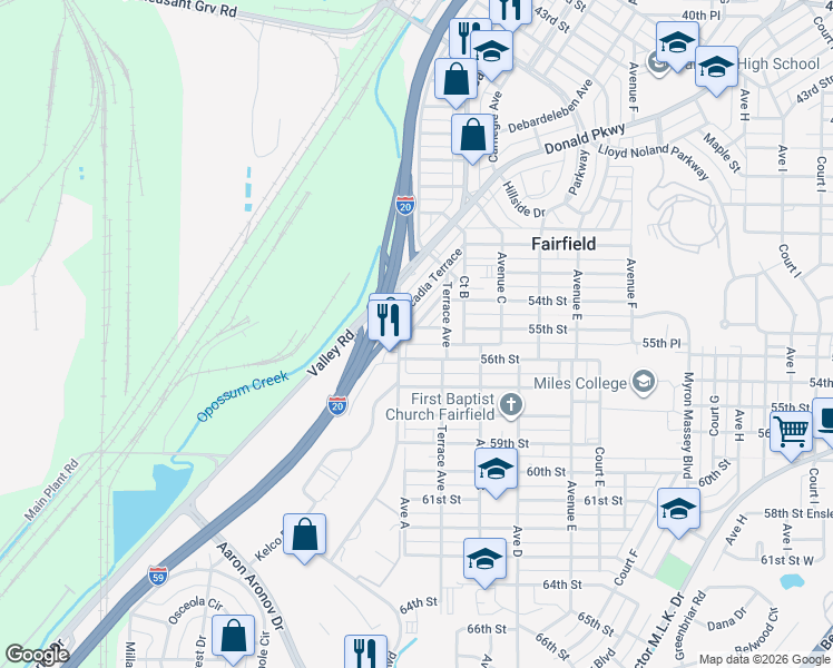 map of restaurants, bars, coffee shops, grocery stores, and more near 5501 Belrosa Terrace in Fairfield