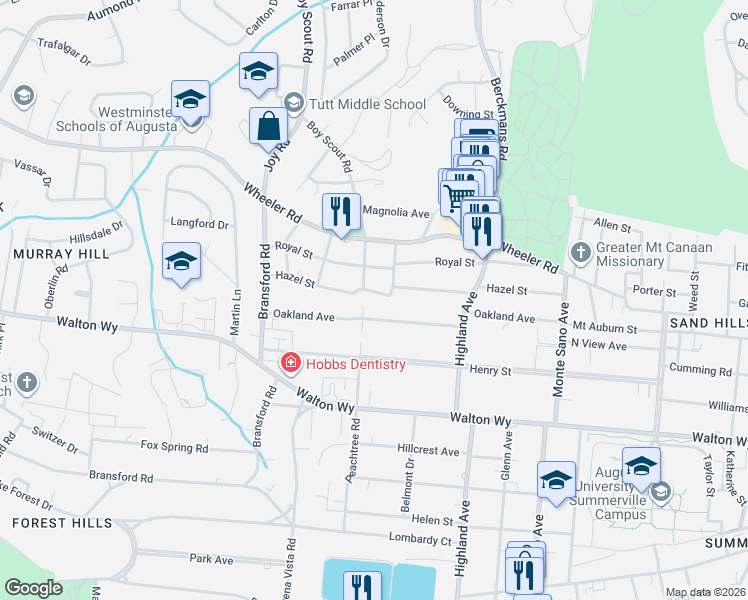 map of restaurants, bars, coffee shops, grocery stores, and more near 2756 Hazel Street in Augusta