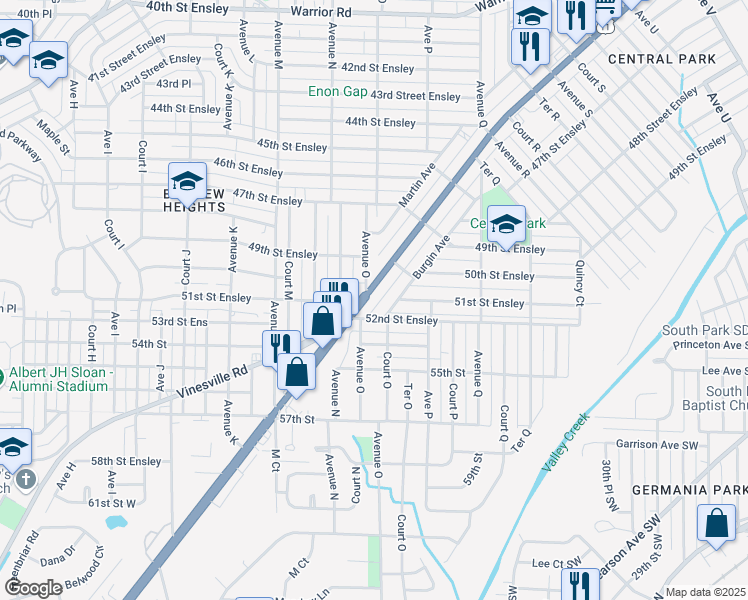 map of restaurants, bars, coffee shops, grocery stores, and more near 1425 Bessemer Road in Birmingham