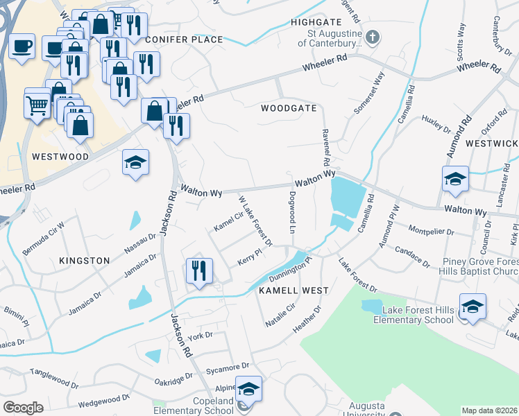 map of restaurants, bars, coffee shops, grocery stores, and more near 3107 West Lake Forest Drive in Augusta
