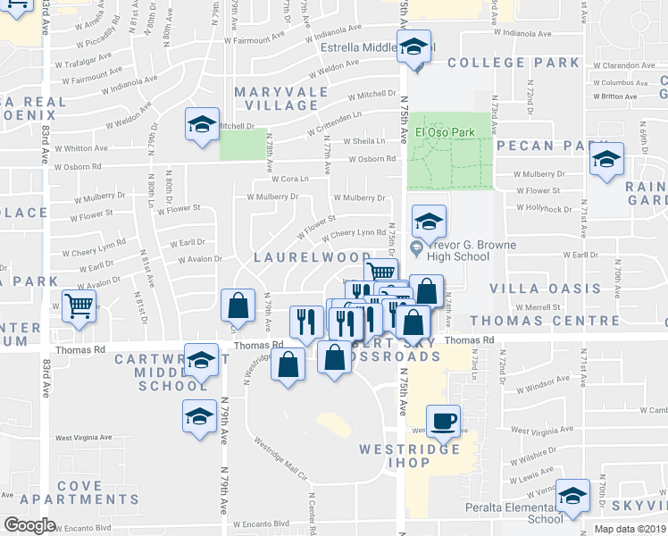 map of restaurants, bars, coffee shops, grocery stores, and more near 7630 West Avalon Drive in Phoenix