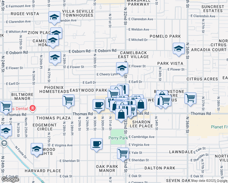 map of restaurants, bars, coffee shops, grocery stores, and more near 3022 North 32nd Street in Phoenix