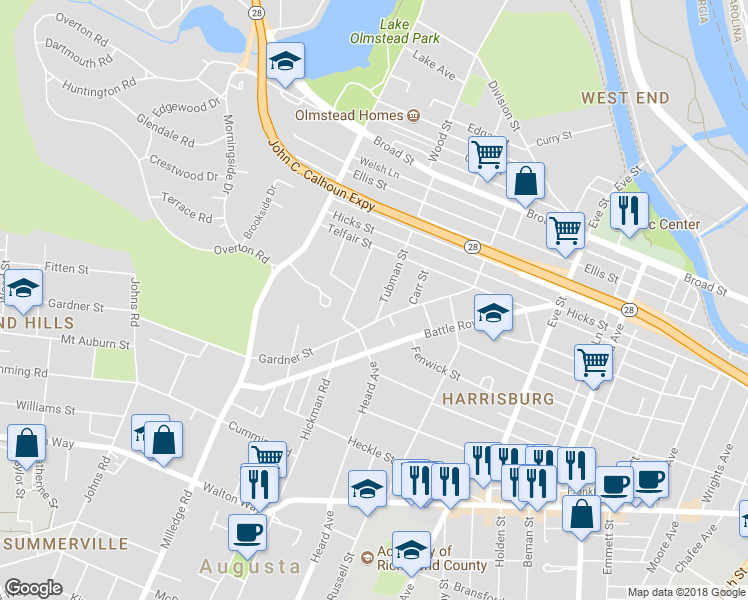 map of restaurants, bars, coffee shops, grocery stores, and more near 543 Tubman Street in Augusta