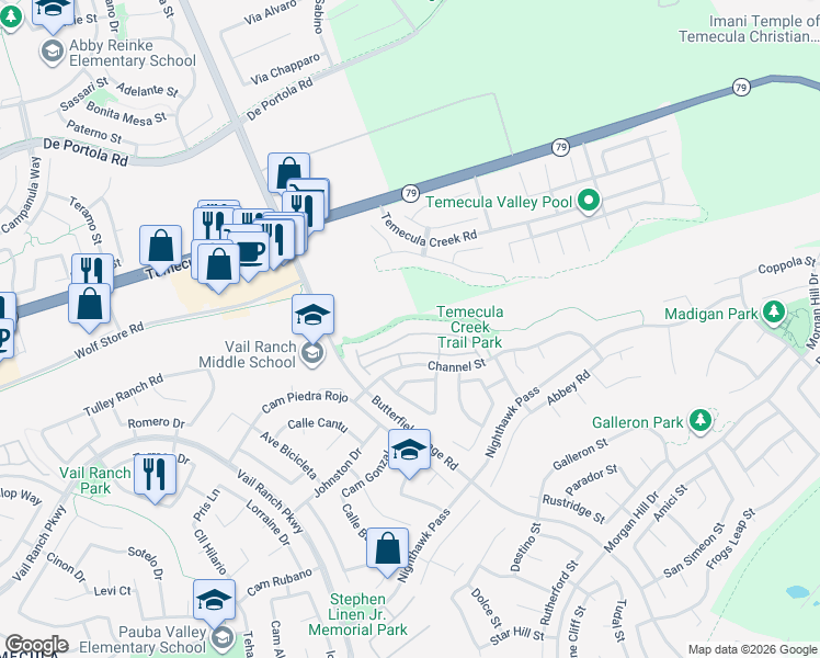 map of restaurants, bars, coffee shops, grocery stores, and more near 33512 Winston Way in Temecula