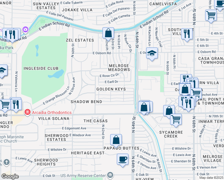 map of restaurants, bars, coffee shops, grocery stores, and more near 6251 East Avalon Drive in Scottsdale