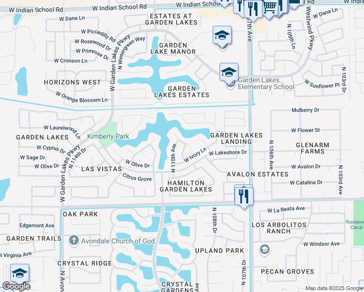 map of restaurants, bars, coffee shops, grocery stores, and more near 3212 North 109th Drive in Avondale
