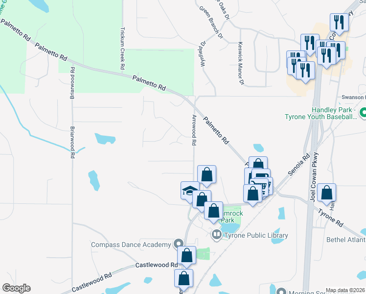 map of restaurants, bars, coffee shops, grocery stores, and more near 110 Valley View Drive in Tyrone
