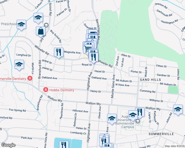map of restaurants, bars, coffee shops, grocery stores, and more near 816 Highland Avenue in Augusta