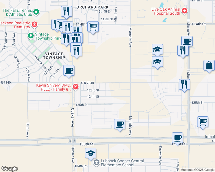 map of restaurants, bars, coffee shops, grocery stores, and more near 12203 Norfolk Avenue in Lubbock