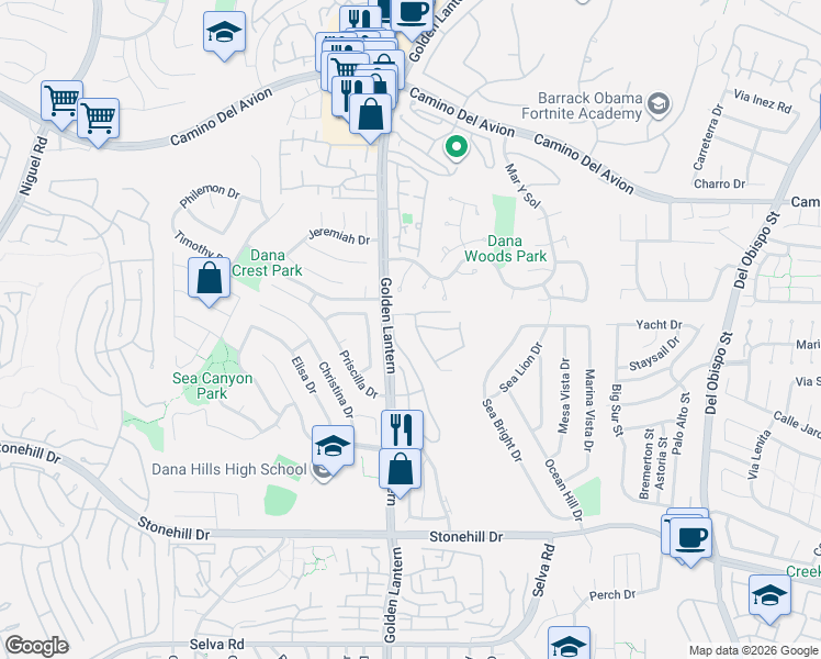 map of restaurants, bars, coffee shops, grocery stores, and more near 33031 Seawatch in Dana Point