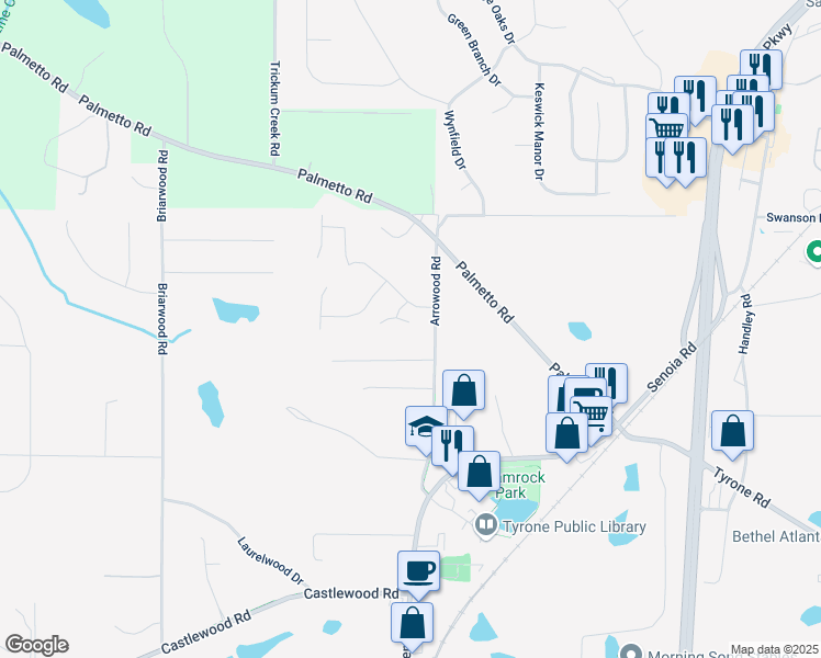 map of restaurants, bars, coffee shops, grocery stores, and more near 110 Valley View Drive in Tyrone