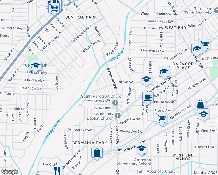 map of restaurants, bars, coffee shops, grocery stores, and more near 2417 Saint Charles Avenue Southwest in Birmingham
