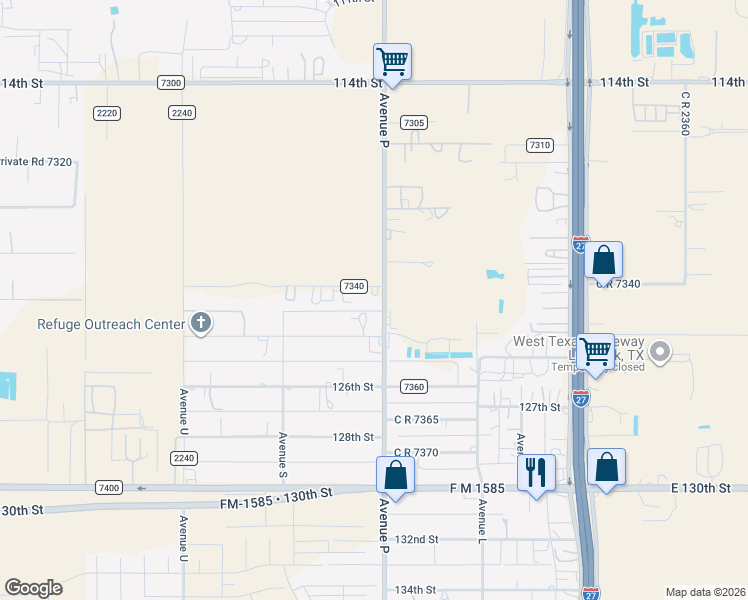 map of restaurants, bars, coffee shops, grocery stores, and more near 1603 County Road 7340 in Lubbock