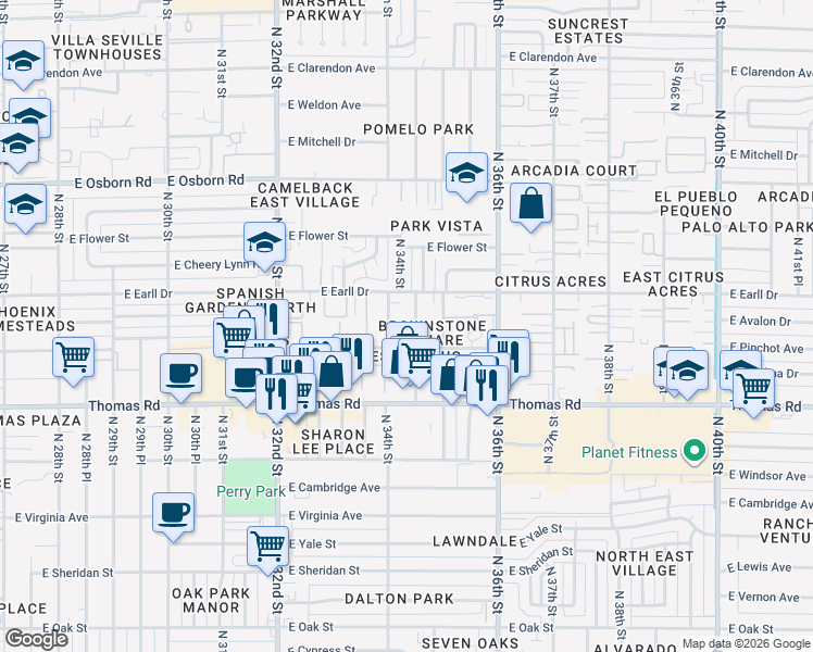 map of restaurants, bars, coffee shops, grocery stores, and more near 3018 North 34th Place in Phoenix