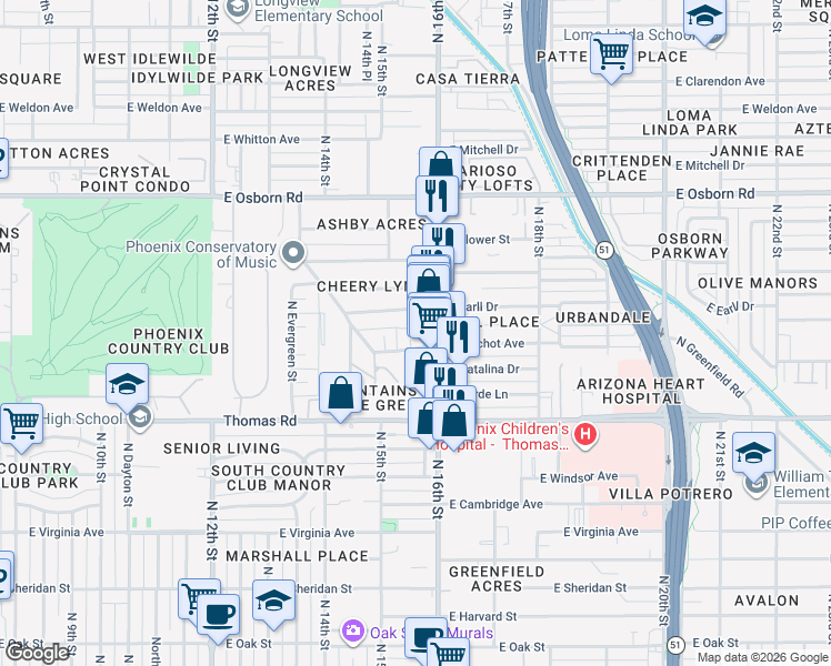 map of restaurants, bars, coffee shops, grocery stores, and more near 3025 North 15th Place in Phoenix