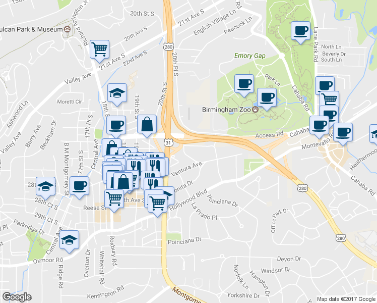 map of restaurants, bars, coffee shops, grocery stores, and more near 3 Pamona Avenue in Birmingham