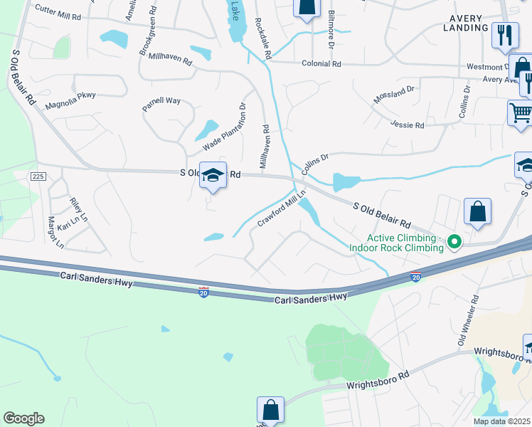 map of restaurants, bars, coffee shops, grocery stores, and more near 315 Crawford Mill Lane in Grovetown