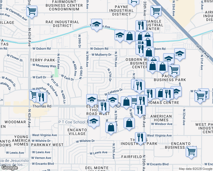 map of restaurants, bars, coffee shops, grocery stores, and more near 3032 North 37th Drive in Phoenix