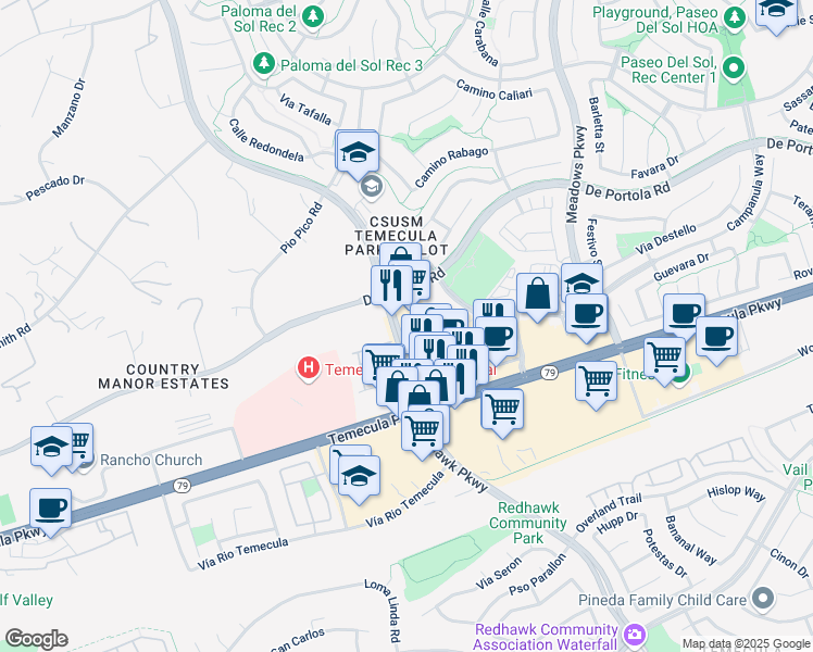 map of restaurants, bars, coffee shops, grocery stores, and more near 44066 Margarita Road in Temecula