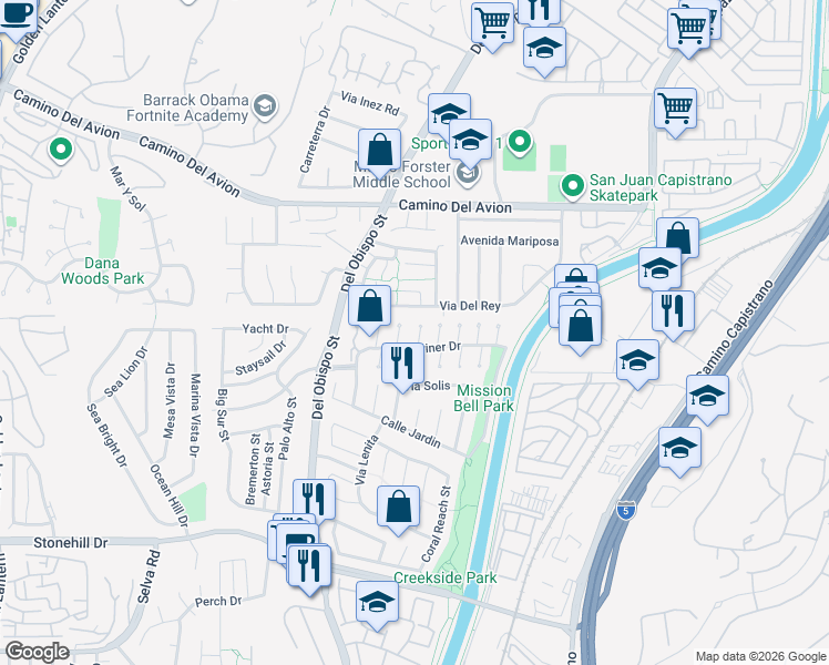 map of restaurants, bars, coffee shops, grocery stores, and more near 33042 Lighthouse Court in San Juan Capistrano