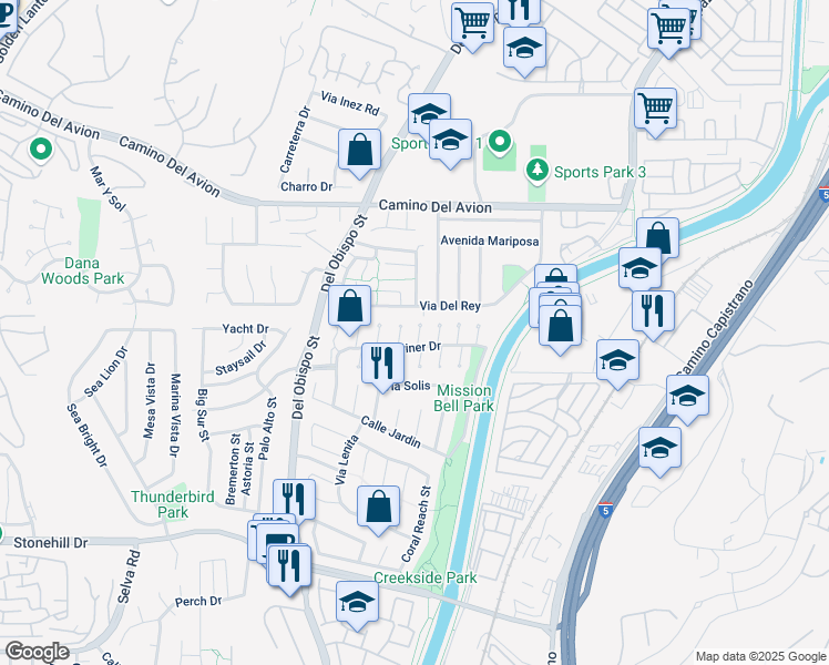 map of restaurants, bars, coffee shops, grocery stores, and more near 33042 Lighthouse Court in San Juan Capistrano