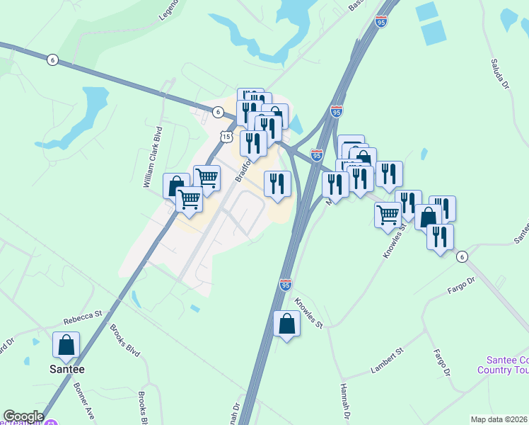 map of restaurants, bars, coffee shops, grocery stores, and more near 38 Andre Michaux Road in Santee