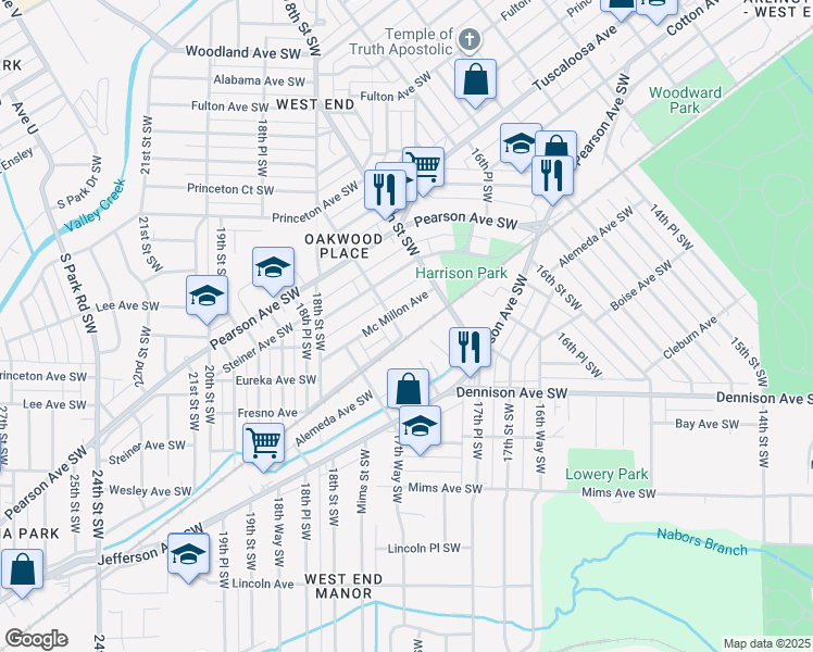 map of restaurants, bars, coffee shops, grocery stores, and more near 913 17th Place Southwest in Birmingham