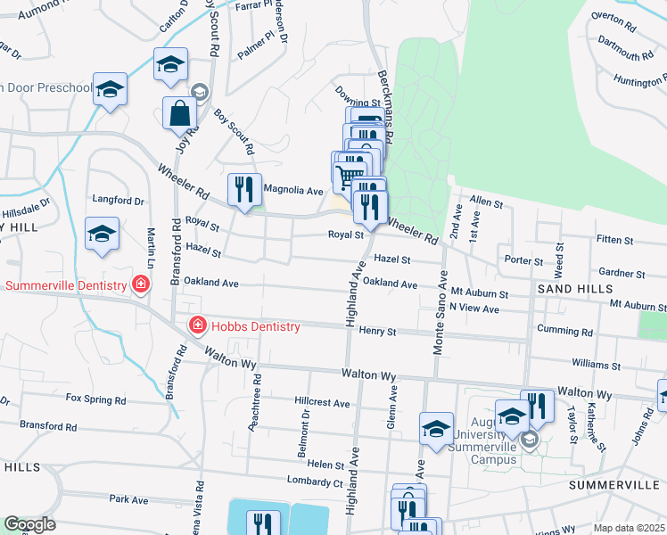 map of restaurants, bars, coffee shops, grocery stores, and more near 2706 Hazel Street in Augusta