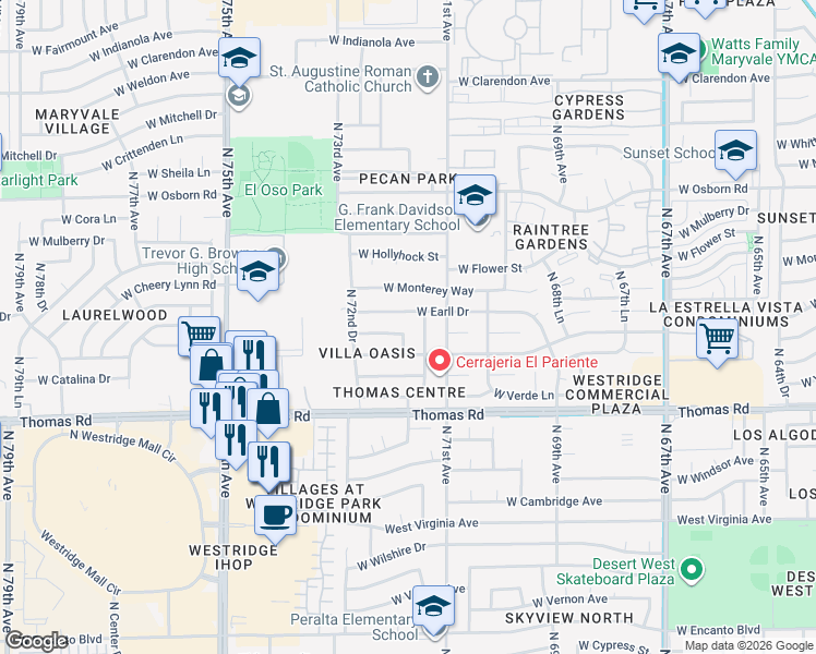 map of restaurants, bars, coffee shops, grocery stores, and more near 7130 West Avalon Drive in Phoenix